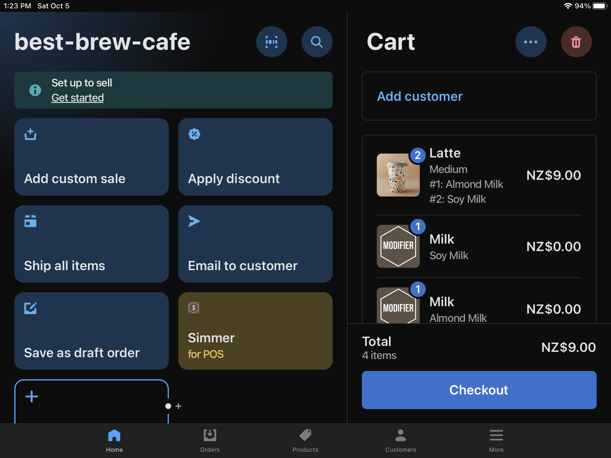 Simmer Coffee Shop POS cart with modifiers