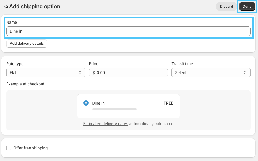 Add dine in shipping method